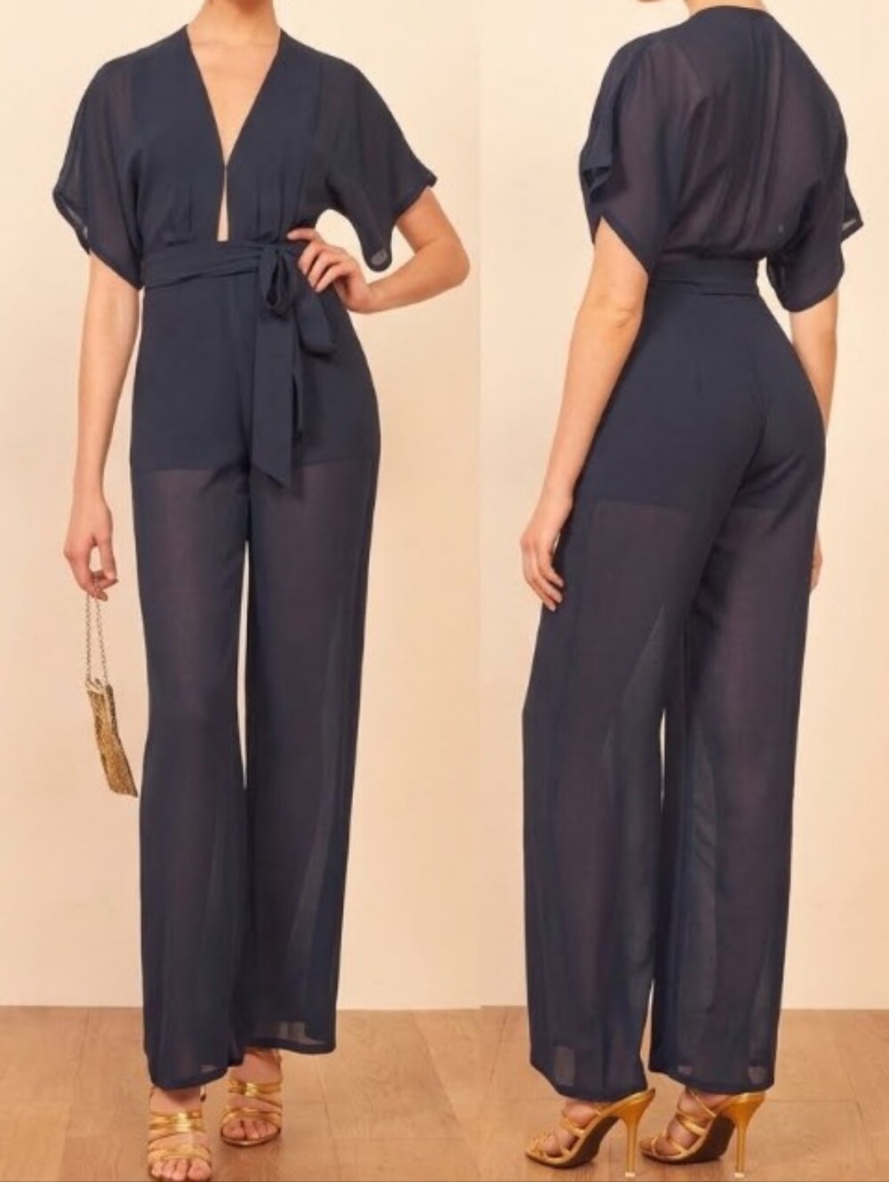 Reformation Navy Blue Lemongrass Jumpsuit Georgette Sheer Wide Leg 2 Belt